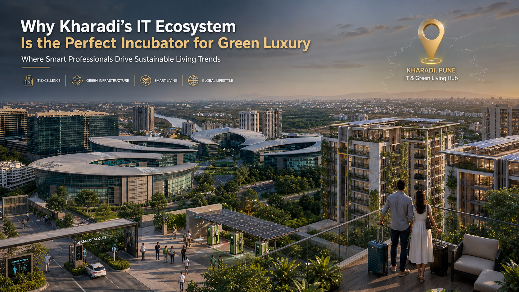 Kharadi Pune IT ecosystem connected to sustainable luxury residential living with green smart homes and modern corporate offices driving demand for eco-friendly apartments in 2026 | Zelo Agent Properties