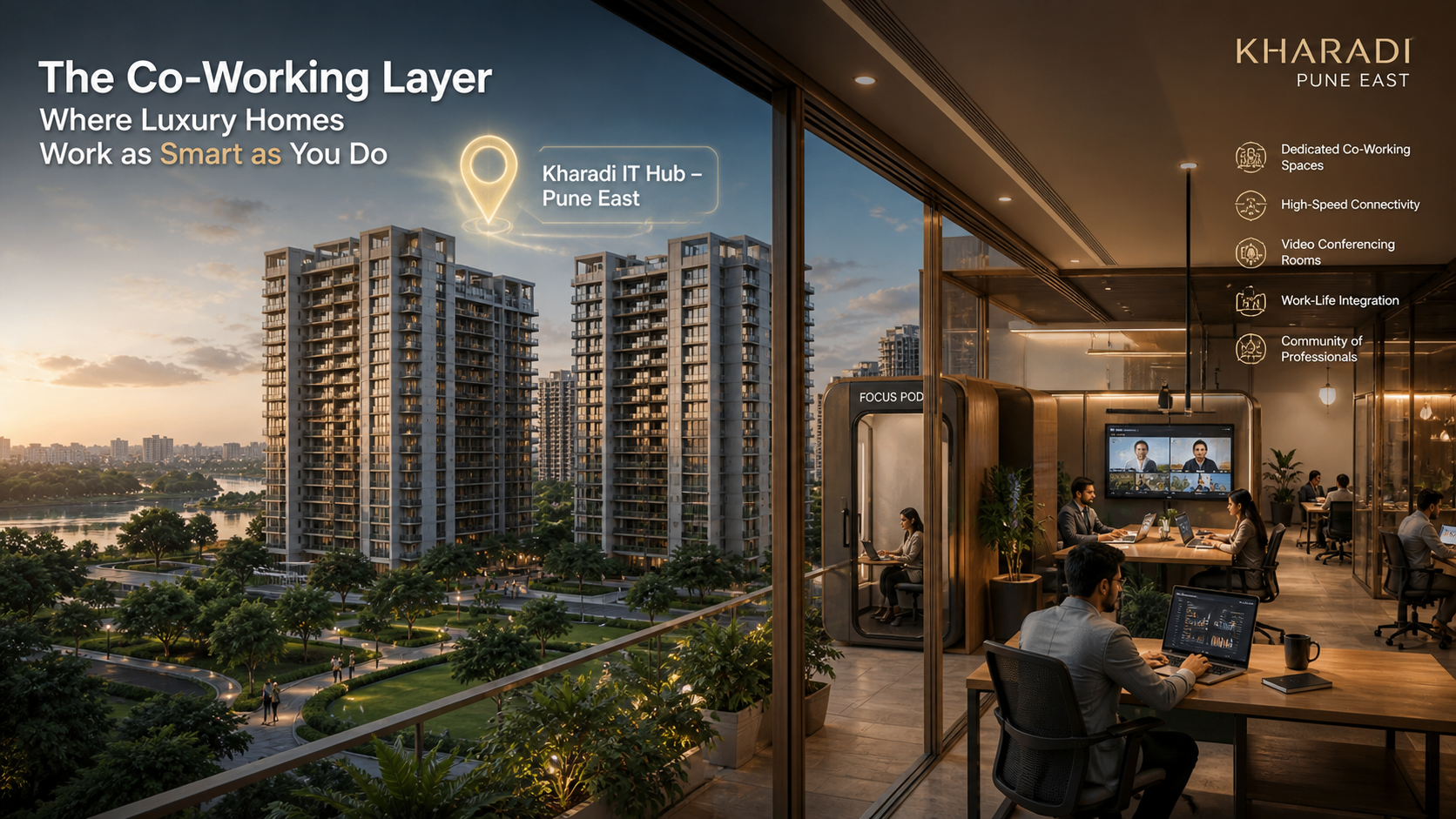 Luxury residential towers in Kharadi Pune featuring integrated co-working spaces and hybrid work-from-home amenities highlighted with Kharadi IT Hub location pin.