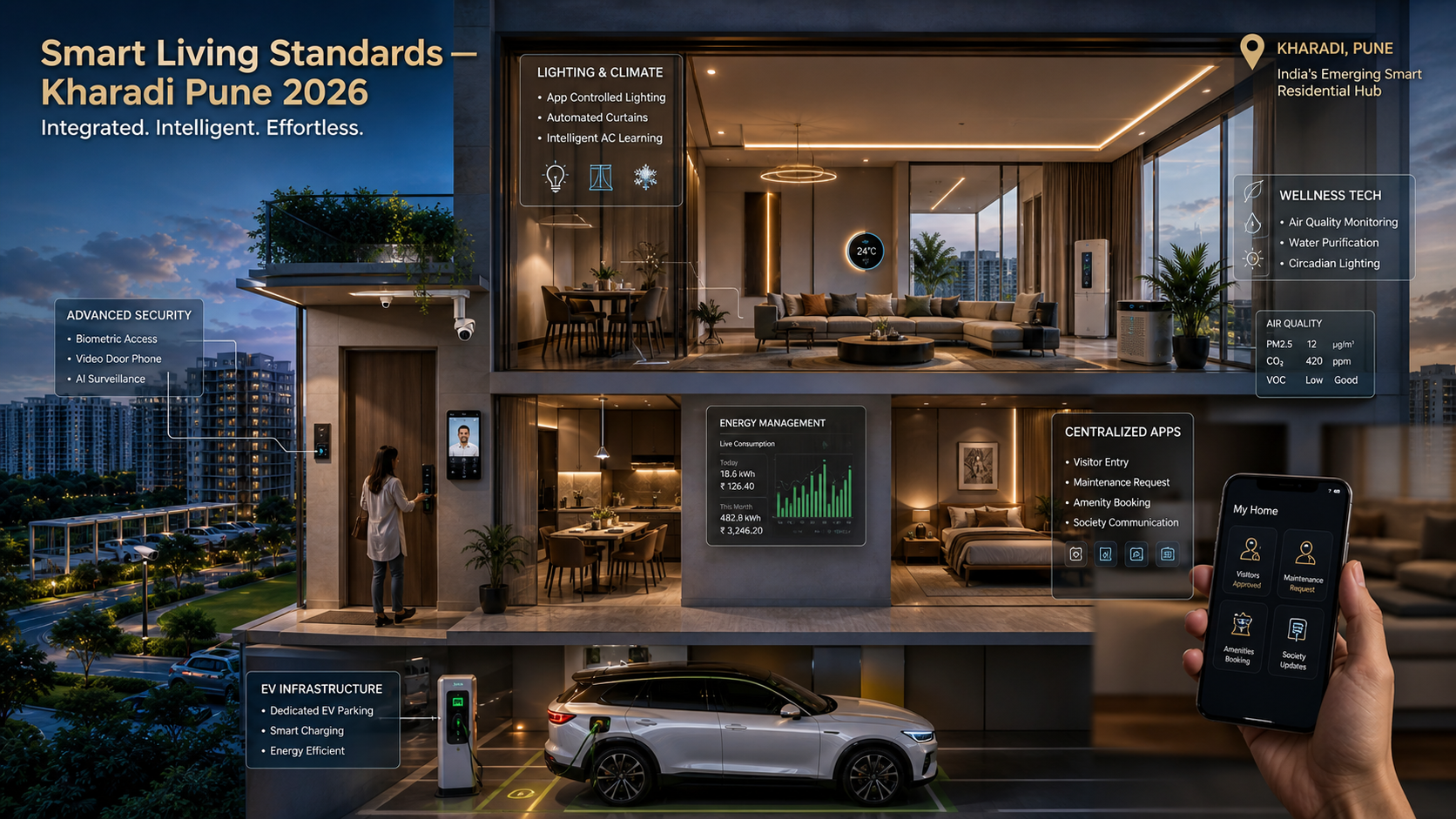 Ultra luxury smart home in Kharadi Pune showcasing 2026 smart living features including automated lighting, AI security, energy management, EV charging, centralized apps, and wellness technology integration | Zelo Agent properties