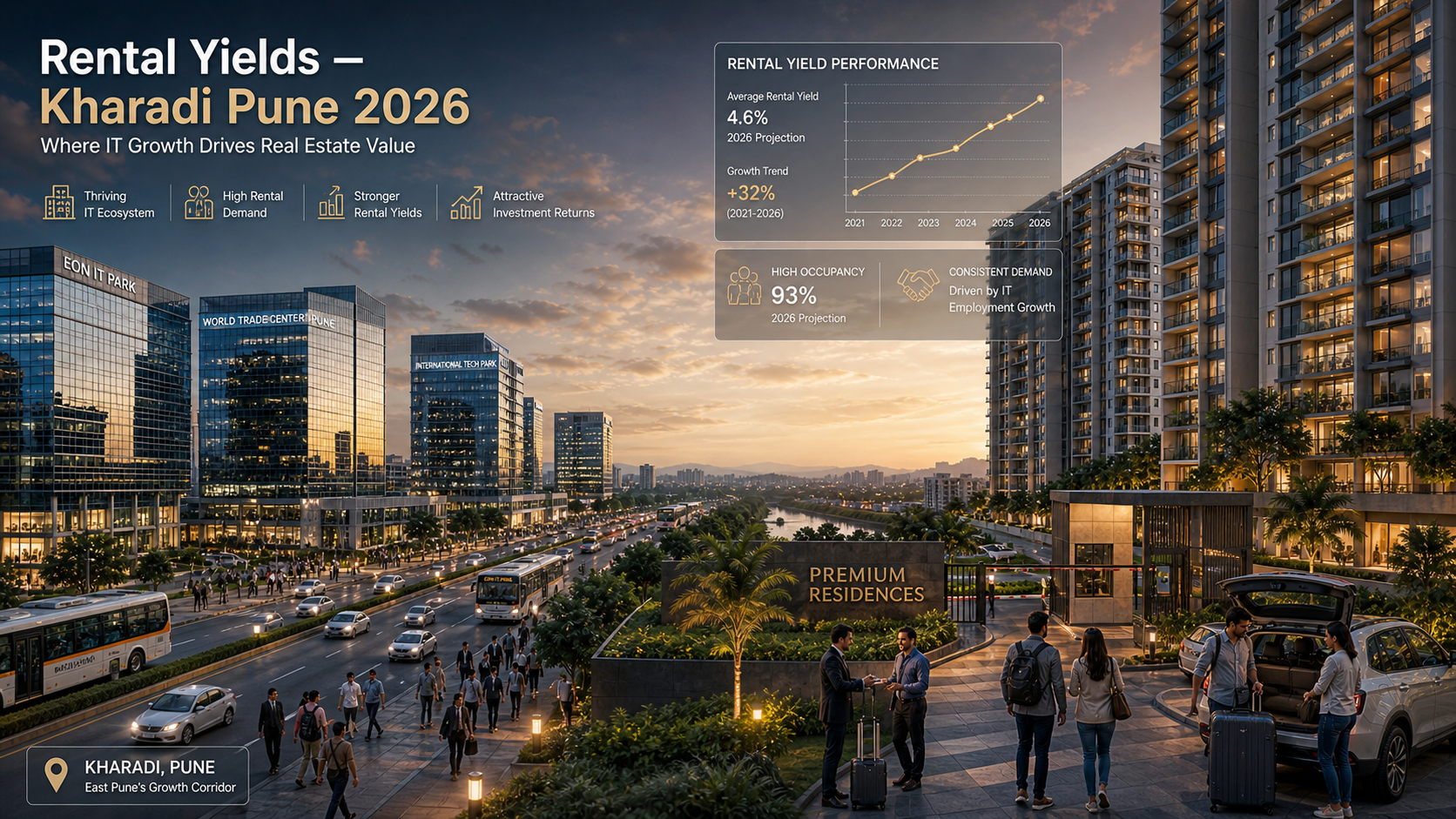 Ultra-photorealistic view of Kharadi Pune IT parks and luxury 2BHK and 3BHK residential apartments illustrating strong rental yields and real estate investment returns near major employment hubs in 2026 | ZeloAgent Properties