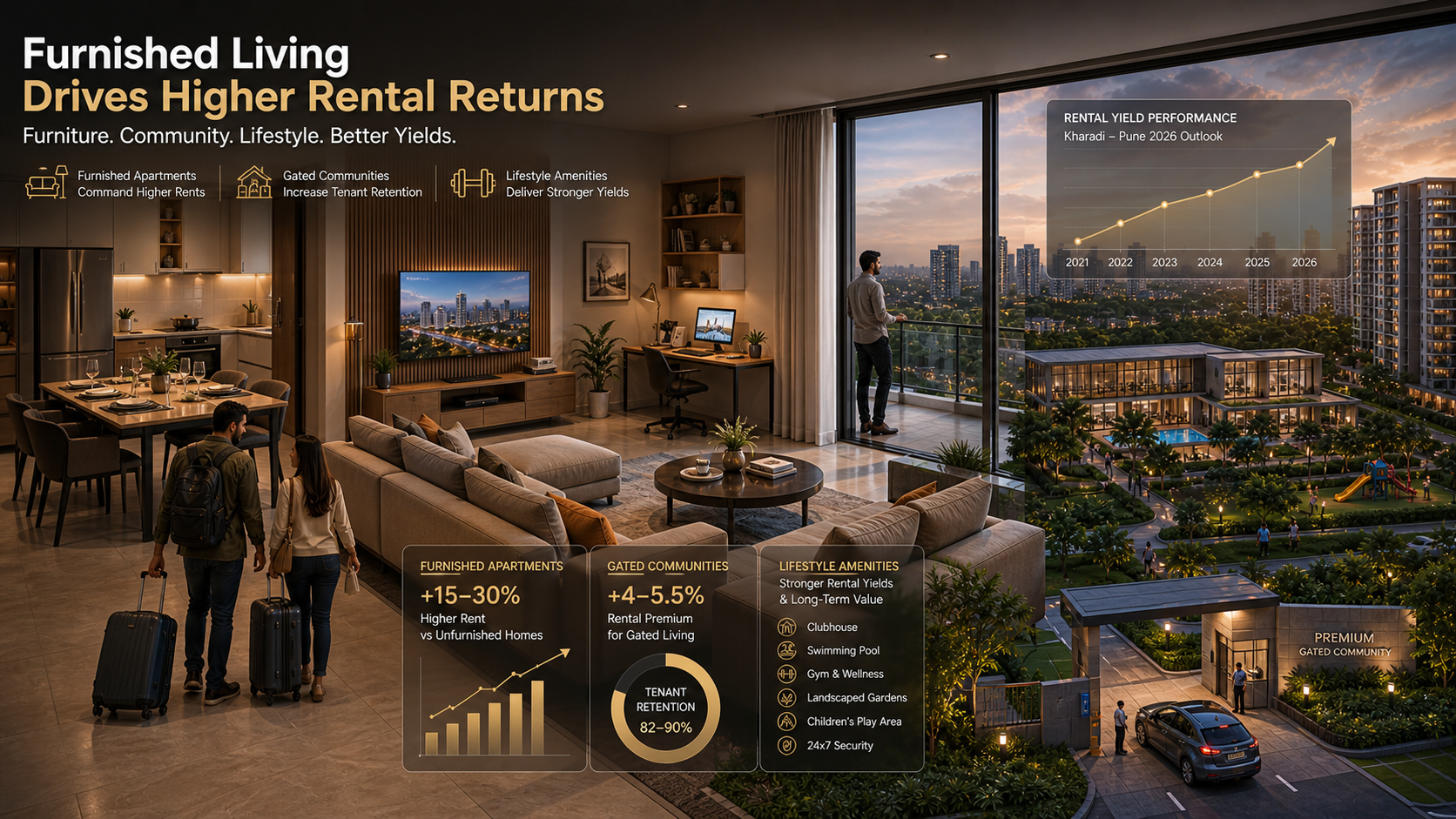 Ultra-photorealistic furnished luxury apartment inside a gated community in Pune showing how furnished homes and amenities-driven societies achieve higher rental yields and tenant retention in 2026 | ZeloAgent Properties